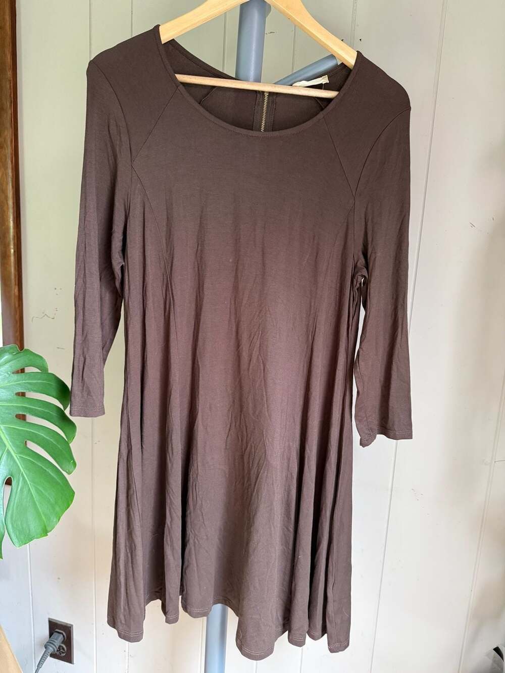 Altar'd State Brown Jersey Knit 3/4 Sleeve A-Line Swing Dress with Back Zipper
